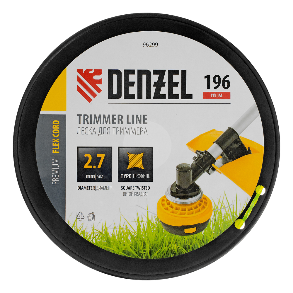 Леска для триммера витой квадрат, 2,7мм х 196м, на DIN катушке FLEX CORD Denzel