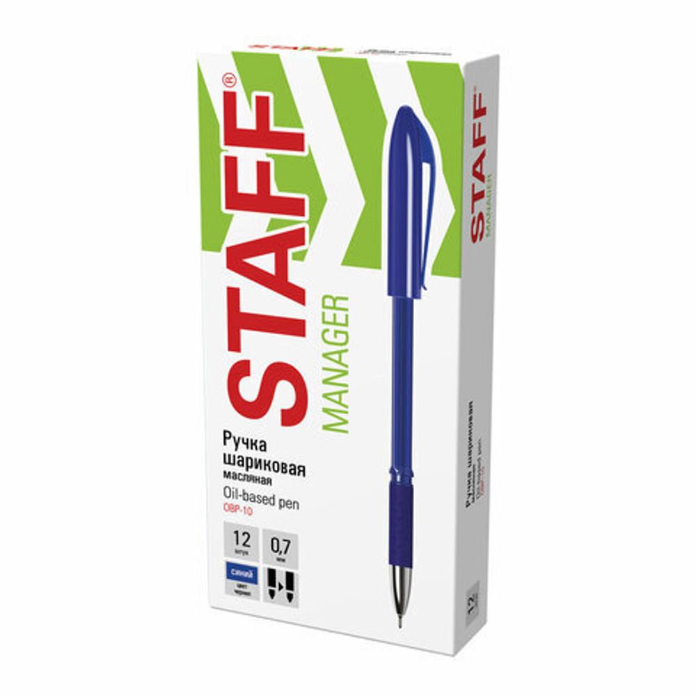 Ручка шариковая масляная с грипом STAFF "Manager OBP-10", СИНЯЯ, узел 0,7 мм, линия письма 0,35 мм, 143743, 1шт