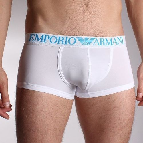 Мужские трусы боксеры белые с бирюзовой надписью Emporio Armani Basic Intimates Boxer