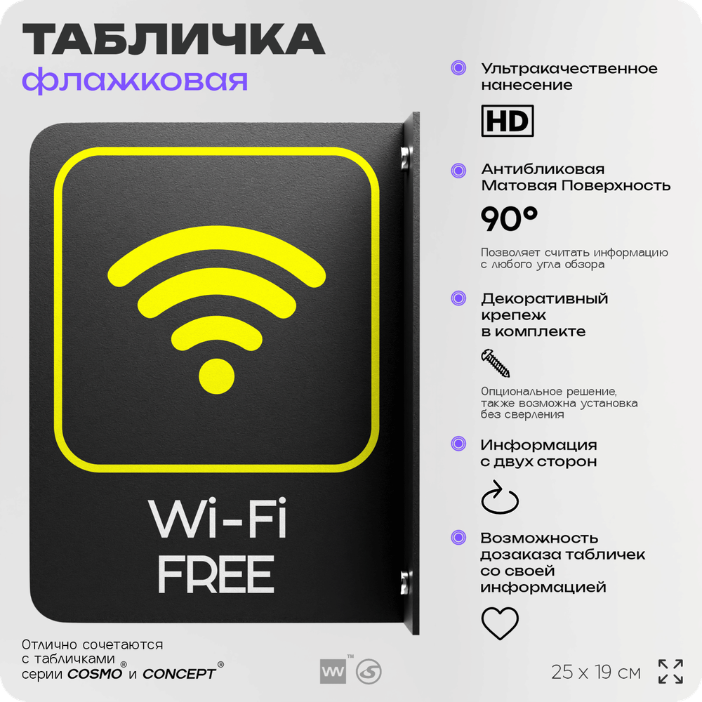 Табличка Wi-Fi Free флажковая на стену, двусторонняя с крепежом, 19 х 25 см, для офиса, кафе, ресторана, серия COSMO, Айдентика Технолоджи