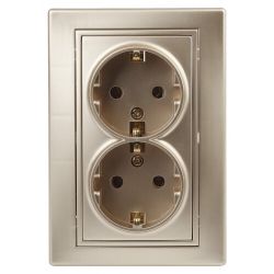 Розетка Intro Plano 1-205-04 с заземлением двойная 2X2P+E Schuko, 16А-250В, IP20, СУ, шампань | Intro Plano Шампань