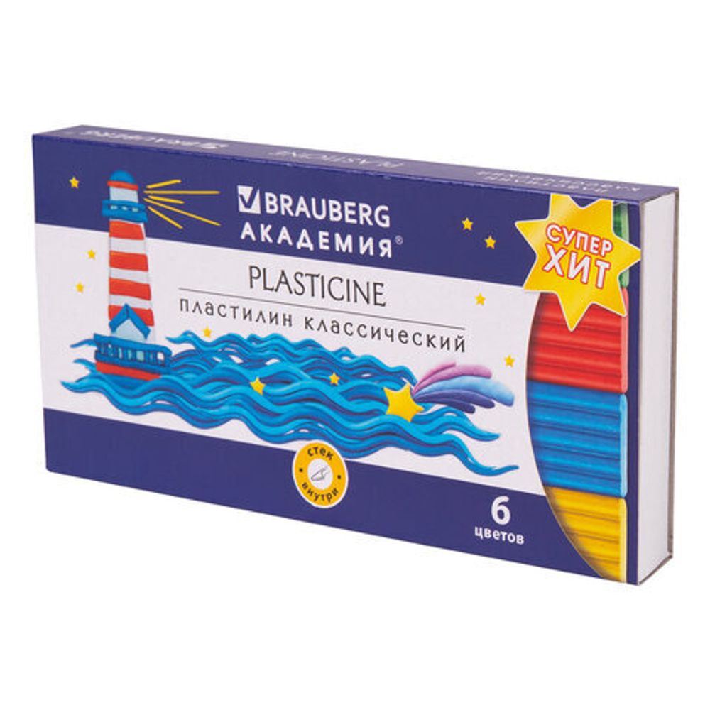 Пластилин классический BRAUBERG "АКАДЕМИЯ ХИТ", 6 цветов, 120 г, стек, ВЫСШЕЕ КАЧЕСТВО, 106440