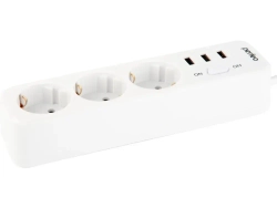 Сетевой фильтр Perfeo "POWER STREAM", 2500W, двойная защита, 4м, 3 розетки, 3 USB, белый.
