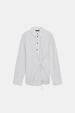 ZARA РУБАШКА В КЛЕТКУ С БАНТОМ, КОРИЧНЕВЫЙ/БЕЛЫЙ