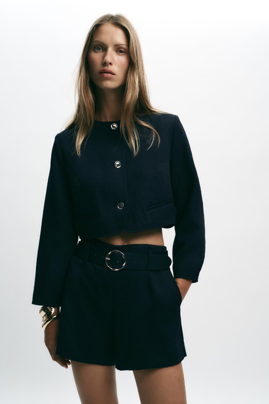 ZARA УКОРОЧЕННЫЙ БЛЕЙЗЕР С ЗОЛОТИСТЫМИ ПУГОВИЦАМИ, МОРСКОЙ СИНИЙ