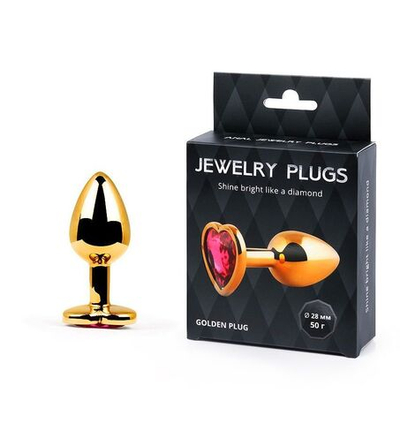 Золотистая анальная пробка с малиновым кристаллом-сердечком - 7 см. (Цвет: малиновый)