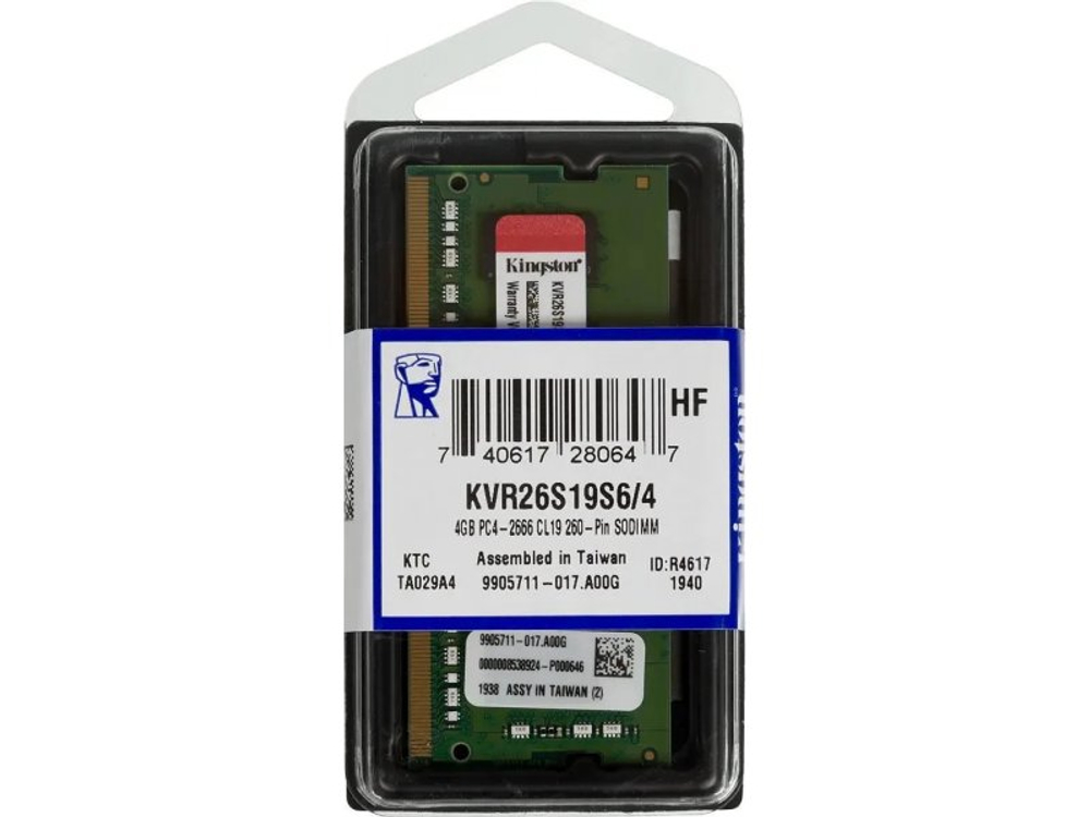 Оперативная память Kingston KVR26S19S6/4, DDR4 1х 4ГБ 2666 МГц, SODIMM, RTL
