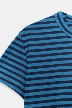 ZARA ФУТБОЛКА В ПОЛОСКУ ИЗ ХЛОПКА И ЛЬНА, СИНИЙ/ИНДИГО