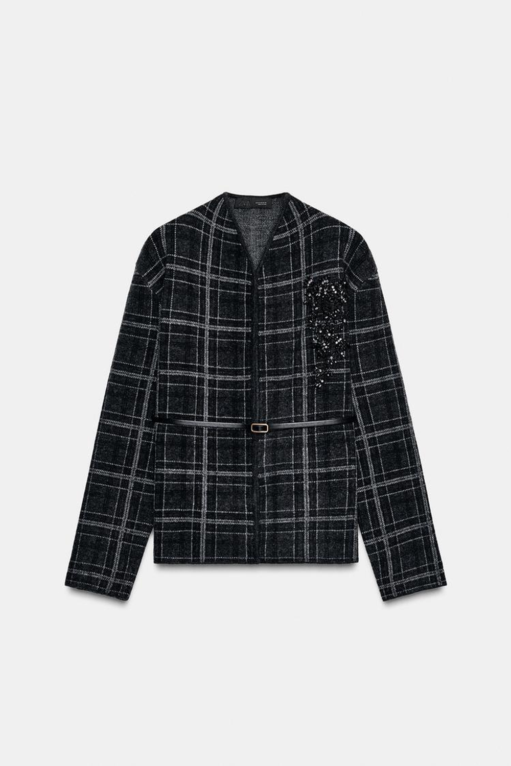 ZARA ТРИКОТАЖНЫЙ КАРДИГАН В КЛЕТКУ С ПОЯСОМ, СЕРЫЙ