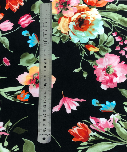 штапель принт цветы теракот/зеленый на черном BST3401 D29C1