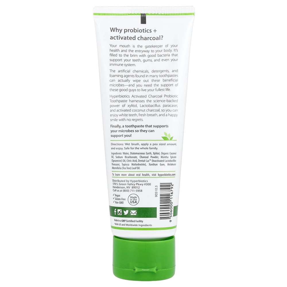 Hyperbiotics, зубная паста с активированным углем и пробиотиком, мята, 113 г (4 унции)
