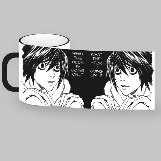 Кружка керамическая объем 330мл, Тетрадь смерти "Что вообще происходит…?” (черная - белая внутри)