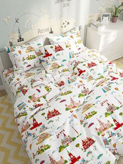 Постельное белье  поплин Сказка "Москва" 2-спальное  Наволочка 50х70 см 2 шт  Простынь на резинке 160x200 см  Пододеяльник 175x215 см