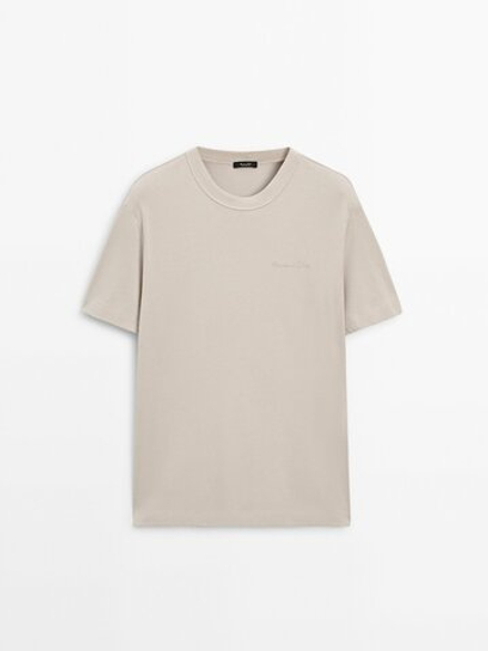 Massimo Dutti Хлопковая футболка с короткими рукавами, бежевый