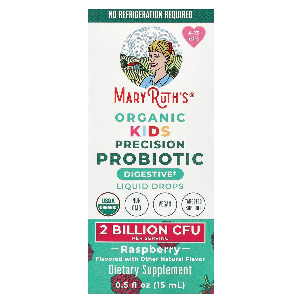 MaryRuth's, Organic Kids Precision Probiotic, жидкие капли, для детей от 4 до 13 лет, малина, 2 млрд КОЕ, 15 мл (0,5 жидк. унц.)