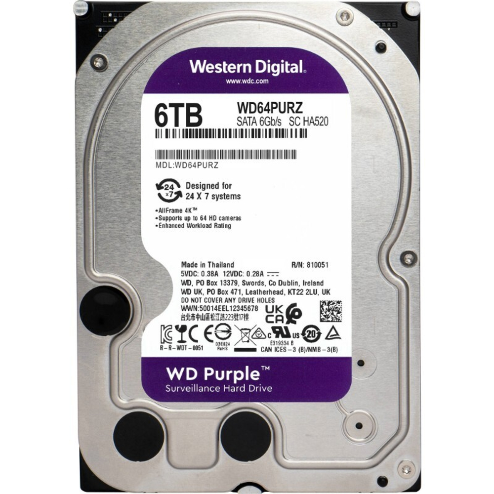 Жесткий диск Western Digital Purple HDD 3.5" SATA 6Tb, IntelliPower, 256MB buffer (DV&NVR), CMR, WD64PURZ