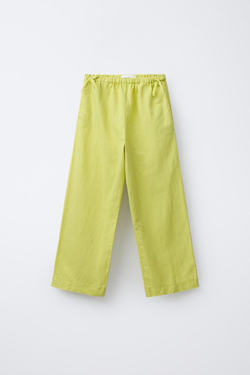 ZARA БРЮКИ ИЗ ХЛОПКА И ЛЬНА С БАНТАМИ, ЛАЙМОВЫЙ