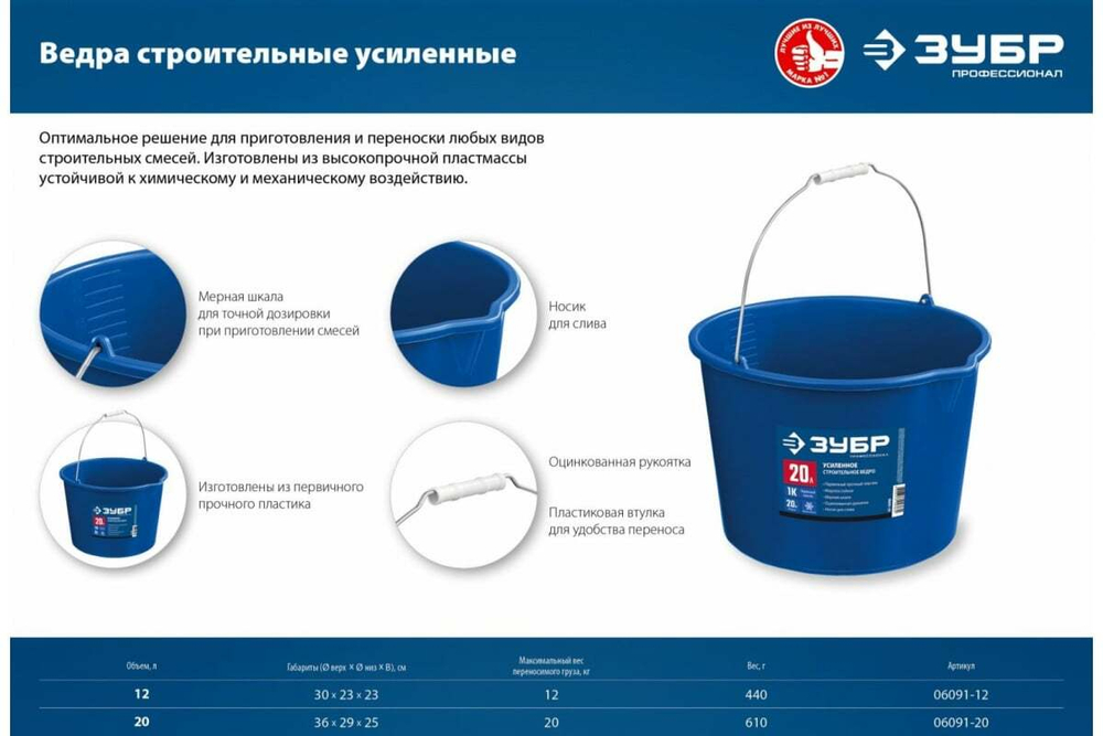 Усиленное строительное пластиковое ведро ЗУБР 12 л 06091-12