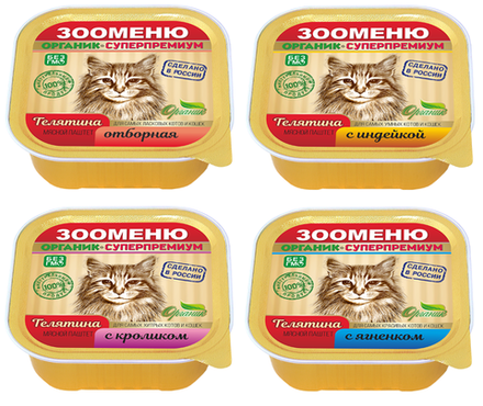 Мясной паштет для кошек Зооменю «4х4» (4 разных вкуса) - 16 шт. по 100г