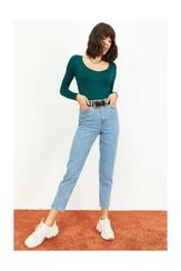 Qadın üçün Mom Stile mavi cins şalvar 1006W1000