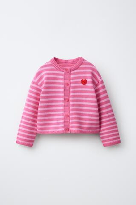 ZARA КАРДИГАН В ПОЛОСКУ С СЕРДЦЕМ, РОЗОВЫЙ