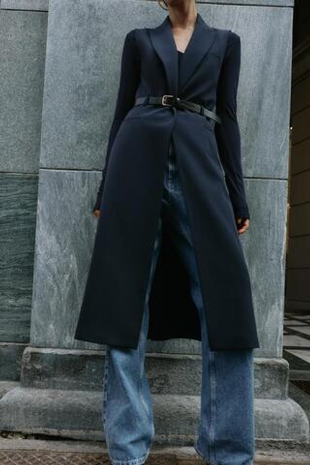ZARA ДЛИННЫЙ ЖИЛЕТ С ПОЯСОМ, МОРСКОЙ СИНИЙ