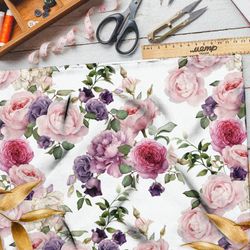 Ткань интерлок розово-фиолетовые пионы