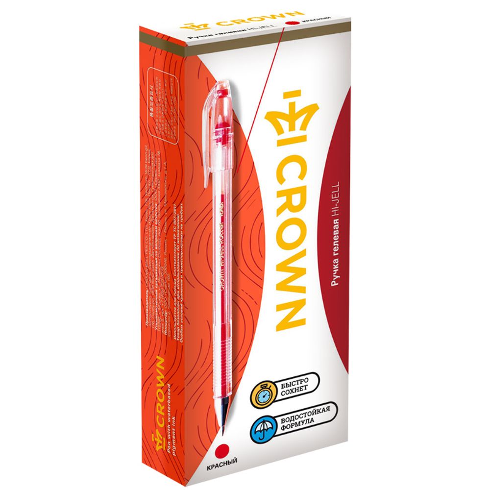 Ручка гелевая Crown "Hi-Jell" красная 0,5мм, штрих-код, 1шт