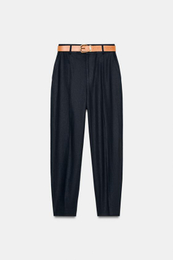 ZARA БРЮКИ ИЗ ЛЬНА С ЗАЩИПАМИ И РЕМНЕМ, МОРСКОЙ СИНИЙ