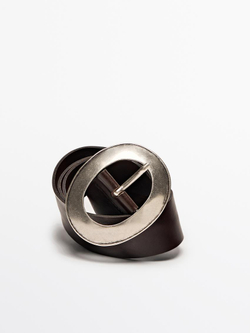 Massimo Dutti Ремень из кожи наппа с овальной пряжкой, коричневый