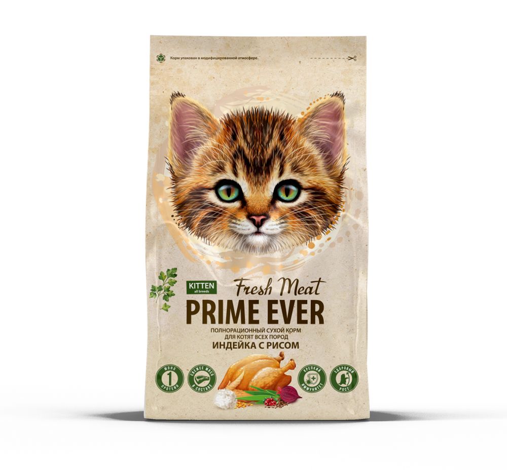 Prime Ever Fresh Meat Kitten Индейка с рисом полнорационный сухой корм для котят всех пород 0,37 кг