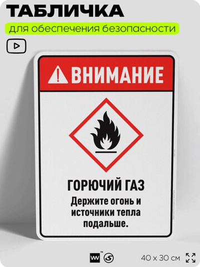 Табличка для обеспечения безопасности "Внимание горючий газ держите огонь и источники тепла подальше", для производства, предприятия, организаций, 40х30 см, Silver Plane x Айдентика Технолоджи