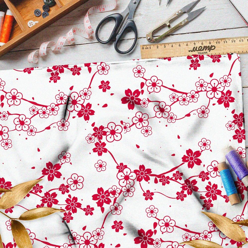 Ткань кулирная гладь цветущая сакура на бежевом фоне