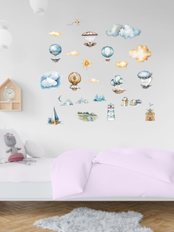 Интерьерные виниловые наклейки большие воздушные шары на стены в детскую, дома, облака, пейзаж