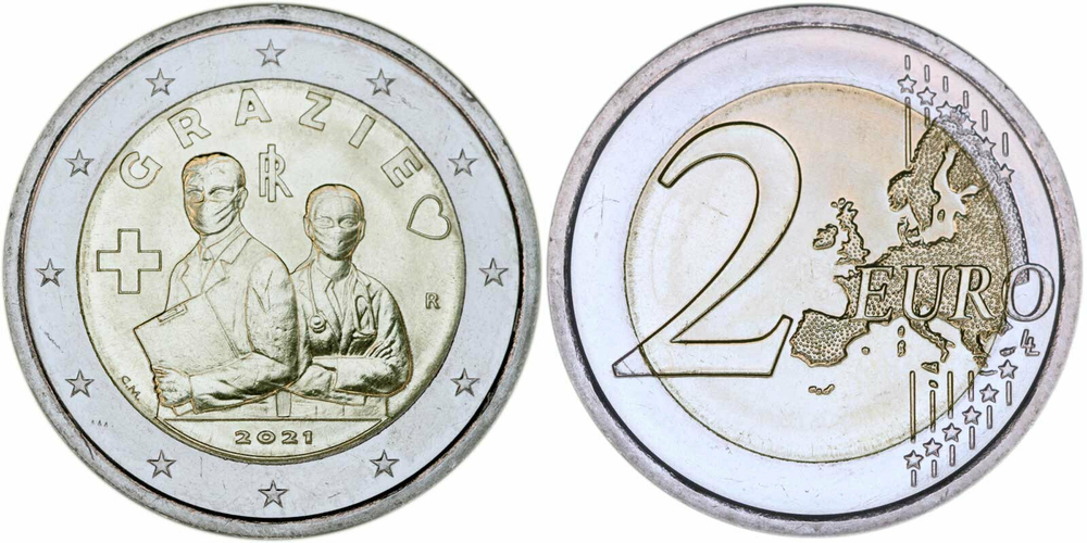 Италия 2 евро, 2021 Медицинские профессии /Спасибо/ UNC