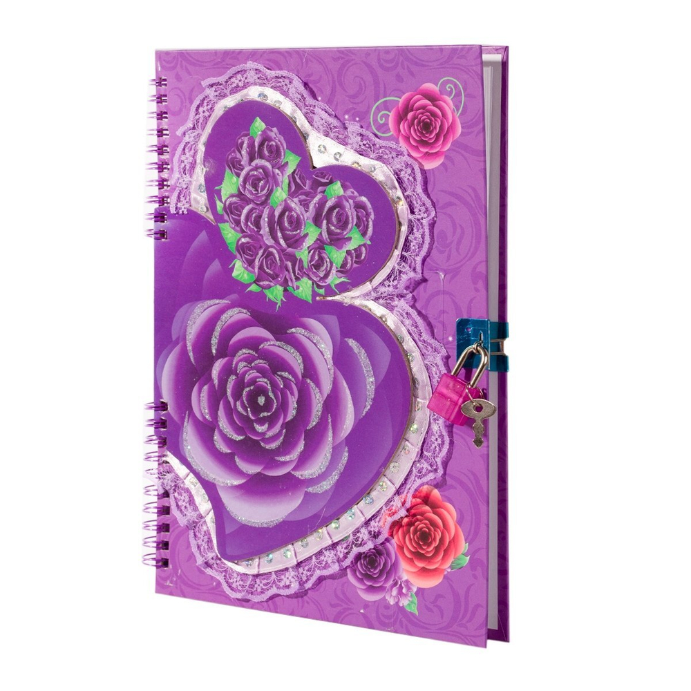 Блокнот 18,5 см * 27 см, гребень, Alingar, ламинация, глиттер, аппликация, замочек, 55 л., "Роза в сердце", фиолетовый