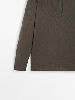 Massimo Dutti Трикотажный свитер с воротником поло на молнии, хаки