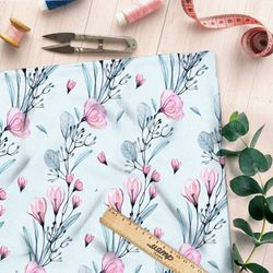 Ткань атлас веточки магнолии с цветами