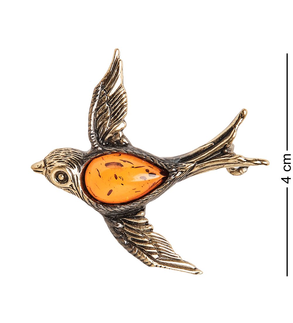 AM- 919 Брошь «Ласточка» (латунь, янтарь)