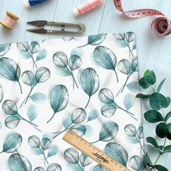Ткань оксфорд 600 эскиз акварельных листьев на белом фоне