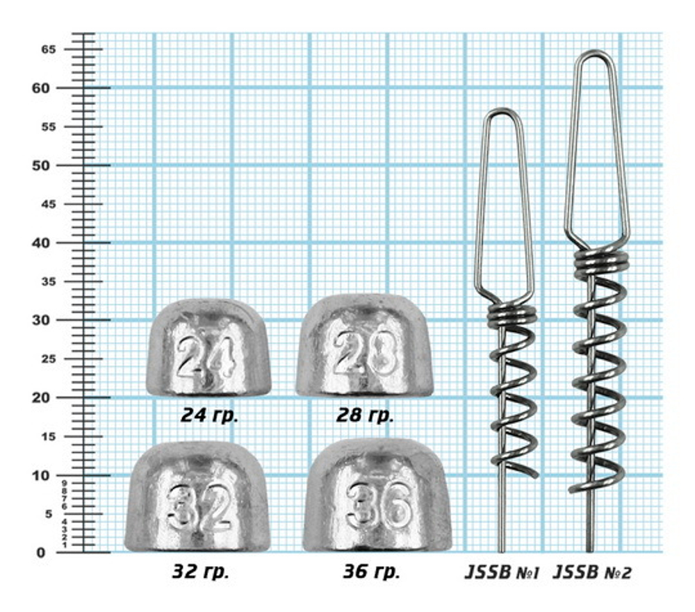 Набор грузов "Пуля"для спиралей Jig Spring №3 (24,28,32,36гр), спираль №1,№2