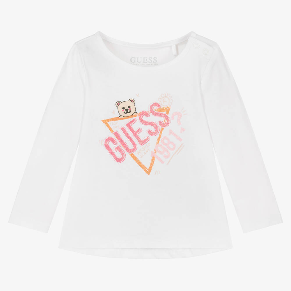 Футболка с длинным рукавом GUESS Белый/Принт: розовый логотип, оранжевый треугольник, голова мишки (Девочка)