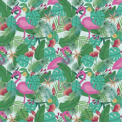 Тропические листья, цветы и фламинго