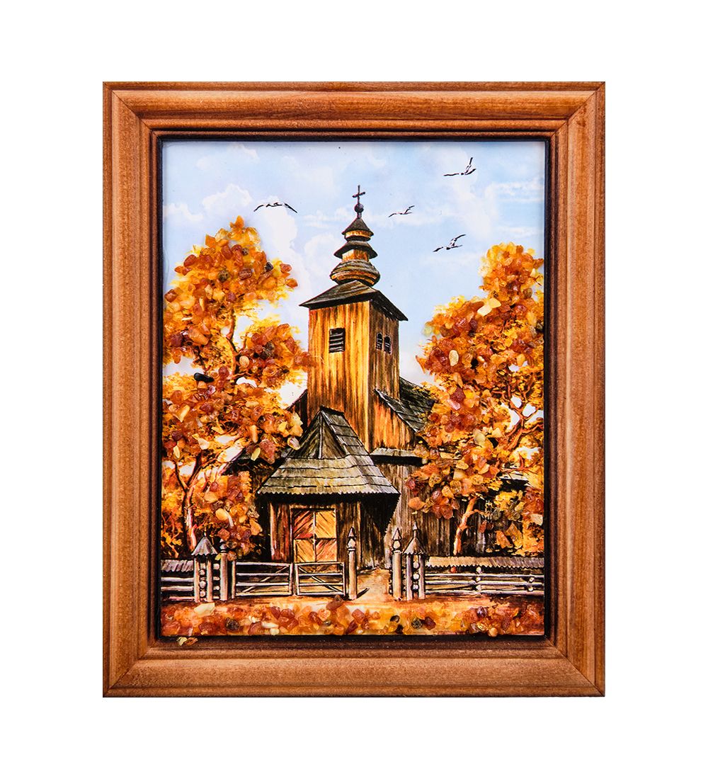 AMB-74/38 Картина «Часовня в лесу» (с янтарной крошкой) дер.краш.рамка 12х15
