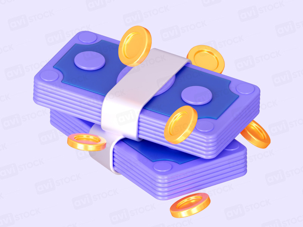 3D элемент для банковского интерфейса — пачки денег и монеты, PNG