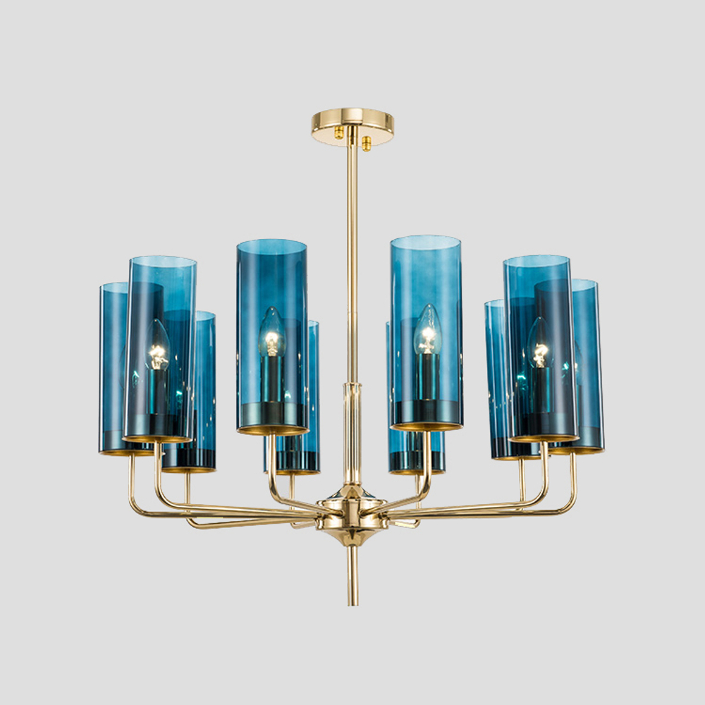 Chandelier  Brass & Blue Glass Tube by Hans-Agne Jakobsson (10 lampshades,  Blue)