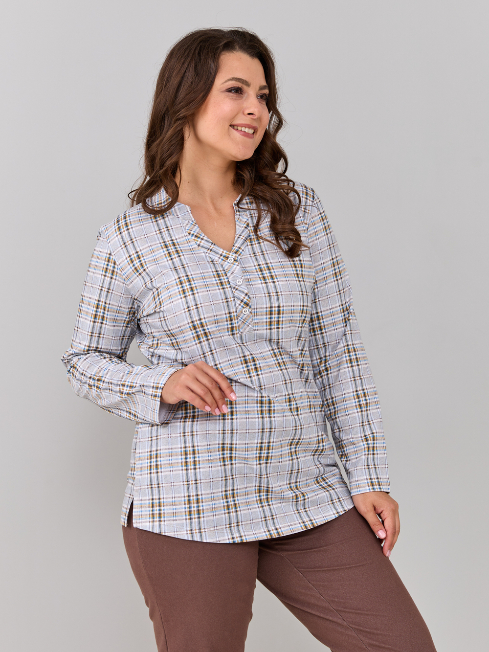 Блузка БЛ-22/клетка-рогожкабирюза