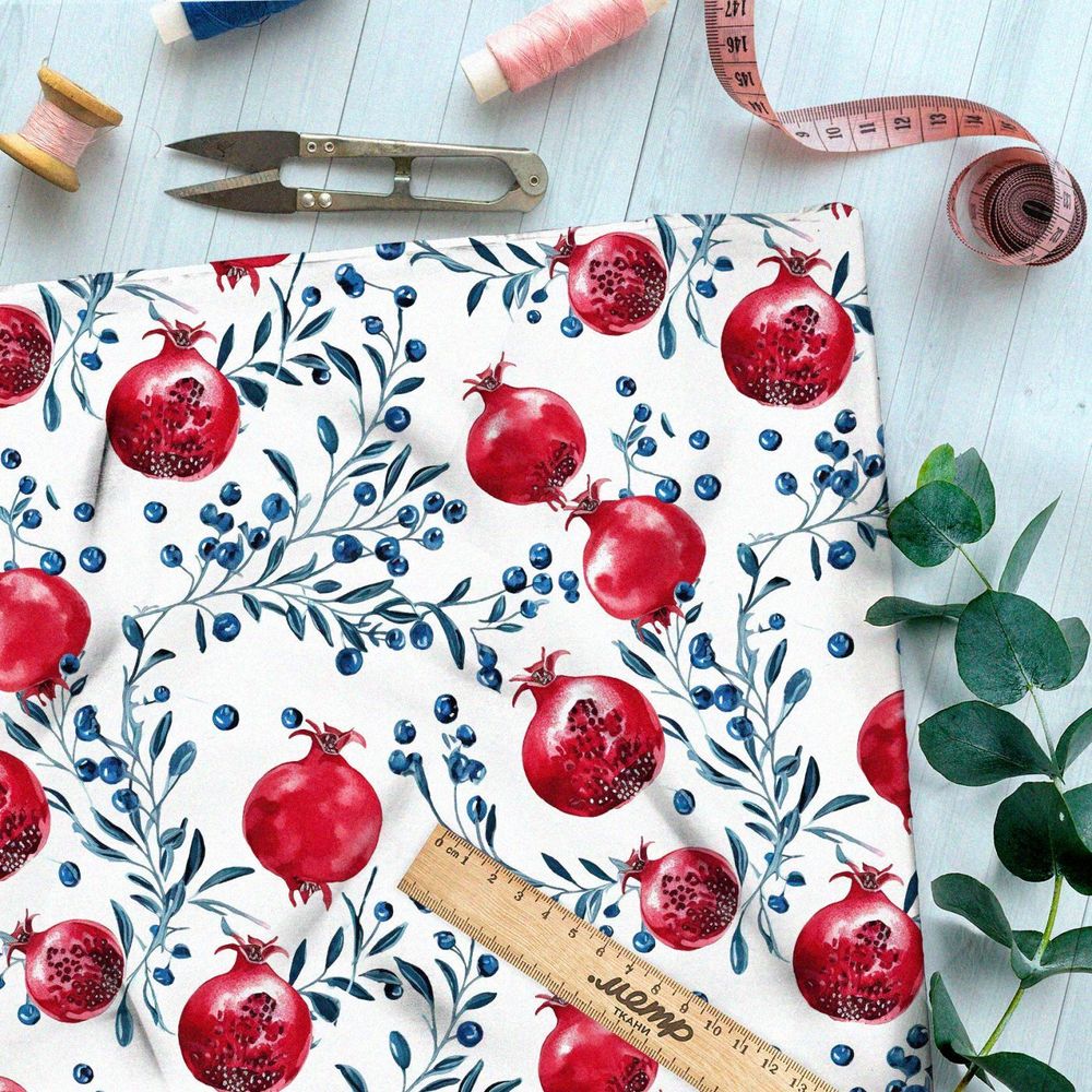 Ткань Ниагара Софт плоды граната с голубыми ягодами