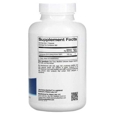 Коэнзим Q10 Lake Avenue Nutrition, коэнзим Q10, убихинон класса USP, 100 мг, 360 растительных капсул