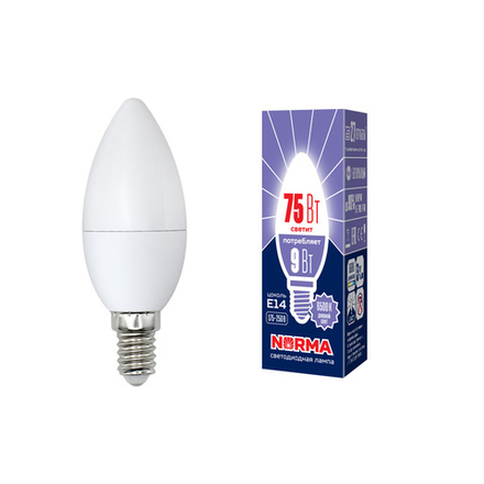 LED-C37-9W-DW-E14-FR-NR Лампа светодиодная. Форма свеча. матовая. Серия Norma. Дневной белый свет 6500K. Картон. ТМ Volpe